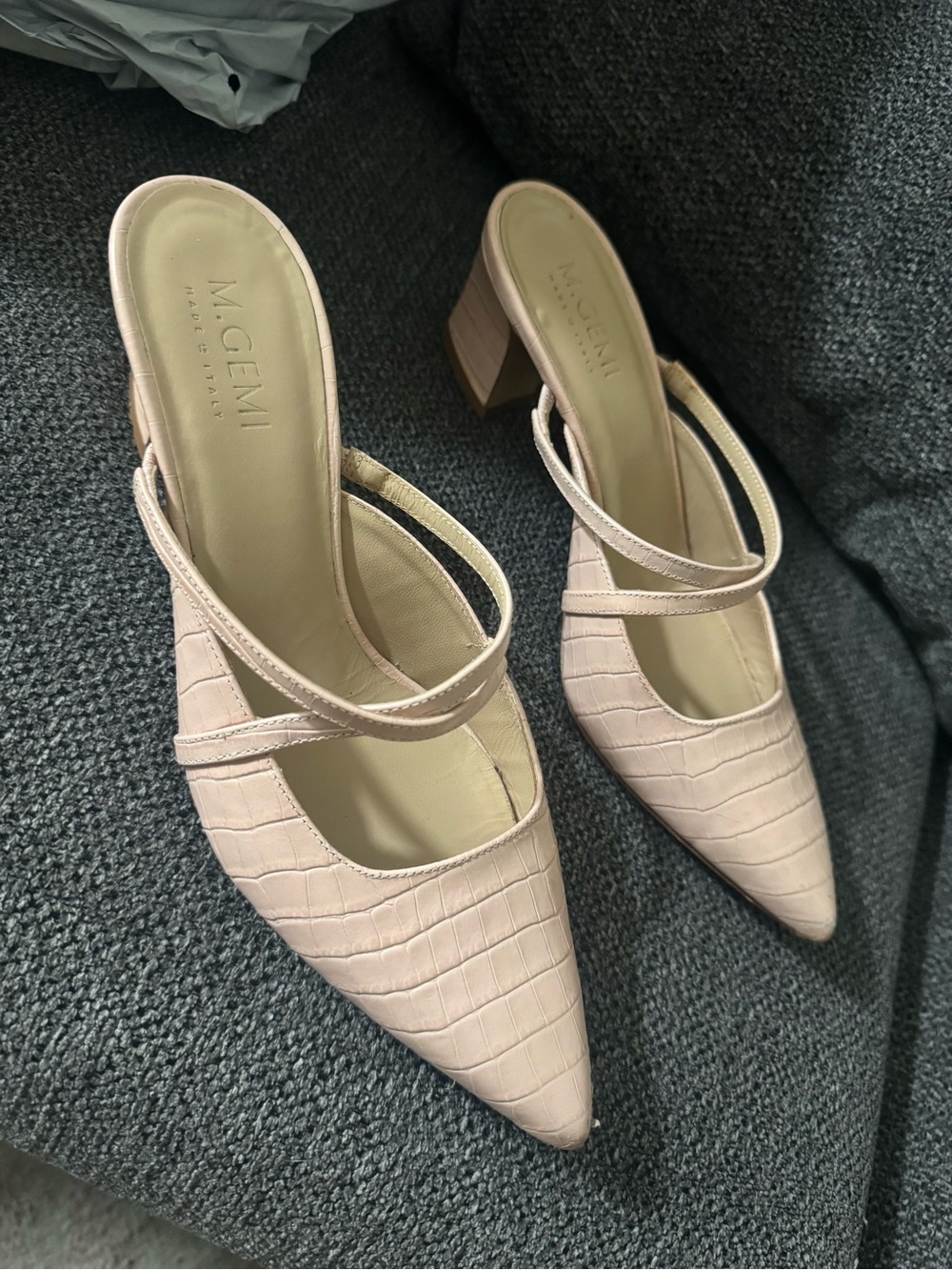 M. Gemi Blush Croc-Embossed Pointed Double-Strap Mule